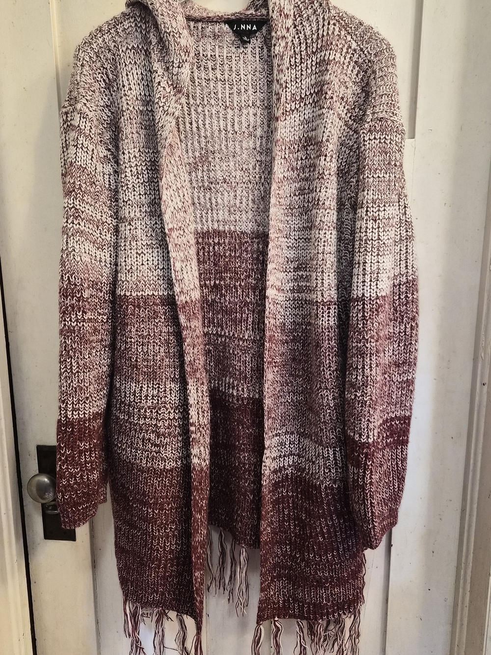 J.NNA Hooded Cardigan Sweater Fringe Hem Marled Burgundy Cream Size L